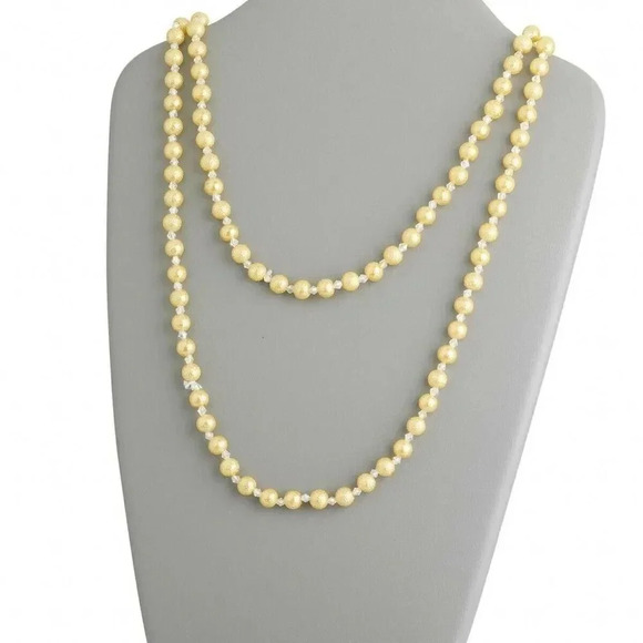 Retro Textured Glass Pearl Opera Length Necklace Gold Sun - Picture 1 of 1